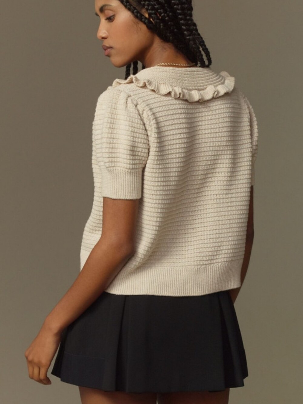 ANTHROPOLOGIE Self Contrast Ansley Ruffle Collar Knit Cardigan Neutral S NWOT - Picture 4 of 11